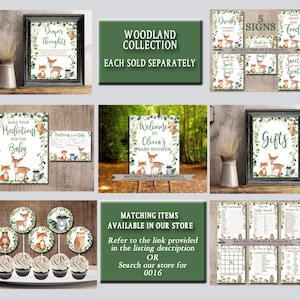 May include: Woodland themed baby shower printable signs with a deer, raccoon, and owl design. The signs include "Welcome to Olivia's Baby Shower", "Make Your Predictions for the Baby", "Diaper Thoughts", "Drinks", "Please Enjoy Food", "Thank You for Coming", "Sweet Treat", and "Gifts".