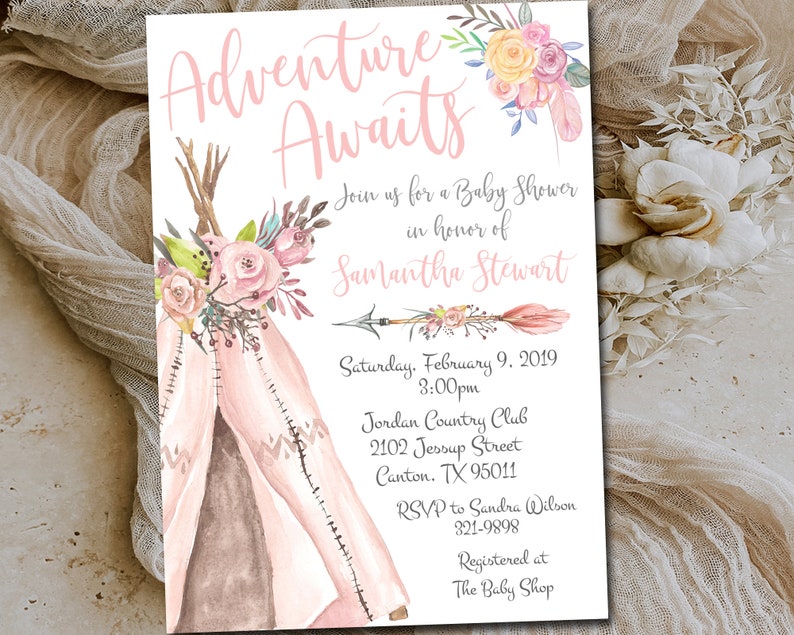 EDITABLE Adventure Awaits Baby Shower invitation, Boho teepee editable template, Woodland Girl Floral Tribal invite, Printable YOU EDIT M060 image 1