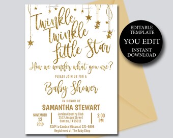 Twinkle twinkle little star Baby Shower Invitation Template, Gold Editable Invite Printable, YOU EDIT digital file, Instant Download m032