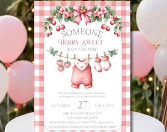 Strawberry Baby Shower Invitation,  Berry sweet pink girl clothesline Invite, Editable Canva Template, Digital Download