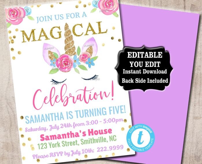 Unicorn Birthday Invitation Template, Girl Unicorn Face Invite, Unicorn ...