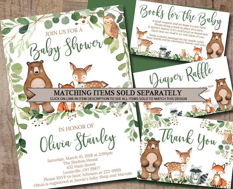 May include: A green and white baby shower invitation with a woodland theme. The invitation features a bear, a deer, and a fox. The text on the invitation reads "Join us for a Baby Shower" and "In honor of Olivia Stanley".