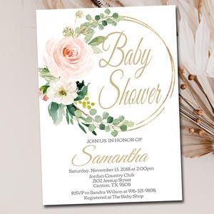 Blush Pink Baby Shower Invitation, Editable Invite Template, Printable Floral Gold, Digital Invitation, DIY Instant Download M016