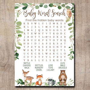 May include: A printable baby word search game with a woodland theme. The game features a green and brown color scheme with a leafy border and a cute owl illustration. The word search puzzle includes words like "rattle", "diapers", "walk", "bottles", "nursery", "crawl", "love", "toys", "lullaby", "cute", "smile", and "snuggle".