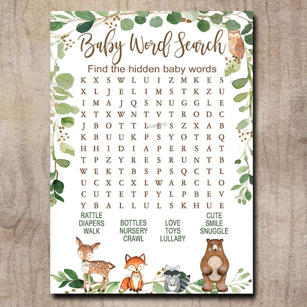 Woodland Baby Shower Game, Word Search Game, Gender Neutral Forest Animals Printable Instant Download, Matches invitation 0016