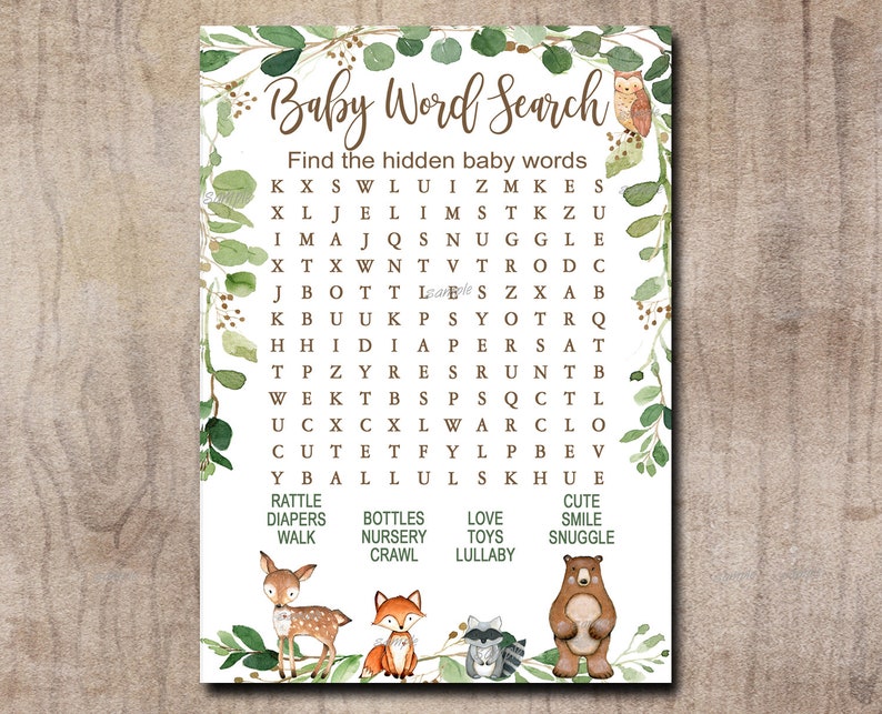 May include: A printable baby word search game with a woodland theme. The game features a green and brown color scheme with a leafy border and a cute owl illustration. The word search puzzle includes words like "rattle", "diapers", "walk", "bottles", "nursery", "crawl", "love", "toys", "lullaby", "cute", "smile", and "snuggle".