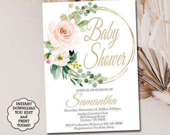 Blush Pink Baby Shower Invitation, Editable Invite Template, Printable Floral Gold, Digital Invitation, DIY Instant Download M016