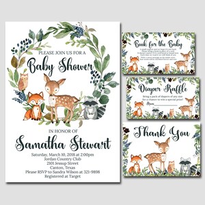 Woodland Baby Shower Invitation bundle, Blue Boy Woodland, livres de modèles modifiables pour bébé, tombola de couches, kit de remerciement YOU EDIT m057