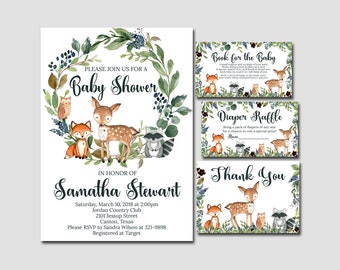 Peut inclure: Une invitation à une fête prénatale sur le thème de la forêt. L'invitation présente une couronne de verdure avec un cerf, un renard, un hibou et un raton laveur. Le texte indique "Veuillez vous joindre à nous pour une fête prénatale en l'honneur de Samantha Stewart".