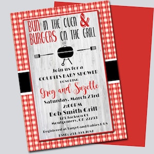 May include: A red and white gingham baby shower invitation with a woodgrain background. The invitation reads "Bun in the Oven & Burgers on the Grill" and includes a grill icon. The invitation is for a couples baby shower honouring Greg and Suzette on Saturday, March 23rd at 2:00 PM at Bob Smith Grill. The address is 123 Jackson Ct, Montgomery, OK 22233. The RSVP number is 234.999.7687.