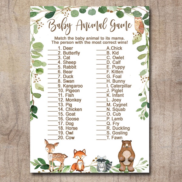 Woodland Baby Shower Game, Animal game, Woodland Neutral Forest Animals Printable Instant Download, Matches invitation 0016