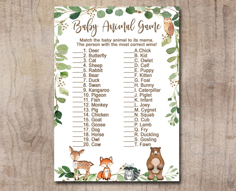 Woodland Baby Shower Game, Animal game, Woodland Neutral Forest Animals Printable Instant Download, Matches invitation 0016 image 1