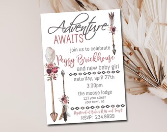 Editable Boho Baby Shower Invitation template, Adventure Awaits Floral tribal invite, Printable, digital you edit Instant Download 019
