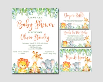 Safari Baby Shower Invitation set, Editable Invitation Book for baby, diaper raffle thank you, elephant, Safari animal invite kit, 0052