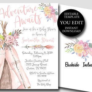 EDITABLE Adventure Awaits Baby Shower invitation, Boho teepee editable template, Woodland Girl Floral Tribal invite, Printable YOU EDIT M060 image 2