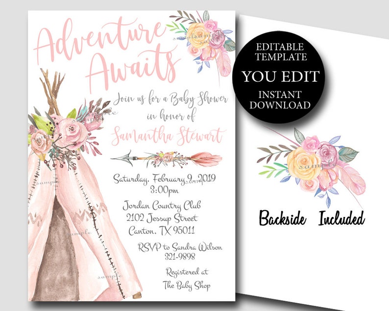 EDITABLE Adventure Awaits Baby Shower invitation, Boho teepee editable template, Woodland Girl Floral Tribal invite, Printable YOU EDIT M060 image 2