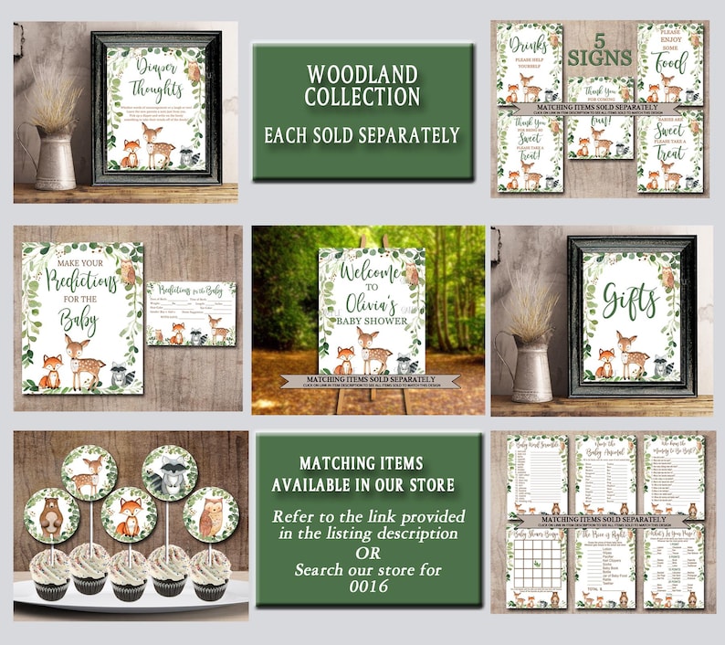 May include: Woodland themed baby shower printable signs with a deer, raccoon, and owl design. The signs include "Welcome to Olivia's Baby Shower", "Make Your Predictions for the Baby", "Diaper Thoughts", "Drinks", "Please Enjoy Food", "Thank You for Coming", "Sweet Treat", and "Gifts".