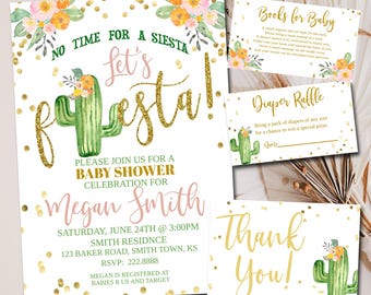 Editable Fiesta Baby Shower Invitation kit, Editable templates Book for baby diaper raffle thank you Cactus Succulent Baby Shower invite set