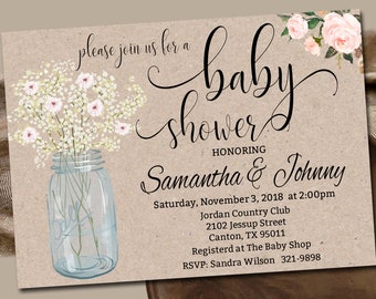 Rustic Baby Shower Invitation Editable Invite Template Printable babys breath floral mason jar Baby Shower  YOU EDIT Instant Download m063