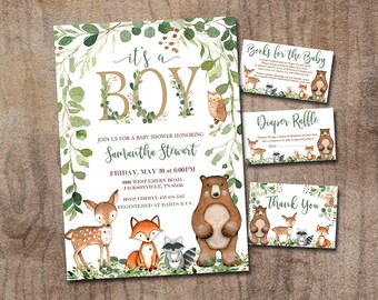 Woodland Animals Baby Shower Editable Invitation template set, it's a Boy Invitation, Book for baby diaper raffle, thank you invite kit 0016