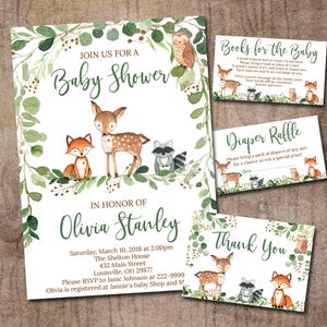 Boy Woodland Baby Shower Invitation Set, EDITABLE, Gender Neutral Pack, woodland animals invitations, Package Diaper raffle, Thank You 0016