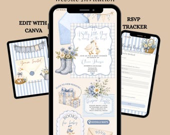 Digital Silly Little Goose Baby Shower Website Invitation, Blue Gender-Neutral invite, RSVP & Registry, editable Canva website template 122
