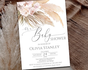 Editable Pampas Grass Baby Shower Invitation template, Digital file, Gender Neutral, Boho invite tropical desert Bohemian Shower 067