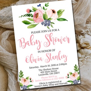 Girl Baby Shower Invitation template, Pink floral, Editable invite, Printable Digital file, You Edit Instant Download 004