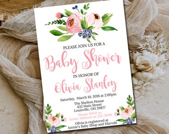 Girl Baby Shower Invitation template, Pink floral, Editable invite, Printable Digital file, You Edit Instant Download 004