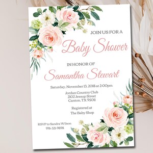 Blush Pink Baby Shower Invitation, Editable Invite Template, Printable Floral Gold, Digital Invitation, DIY Instant Download M016