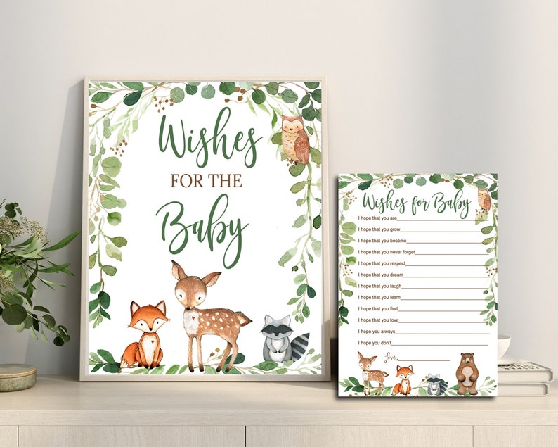 Woodland Baby Shower Wishes for Baby sign & card, Gender Neutral Woodland Animals activity, Digital Printable, Matches Invitation 0016 image 1