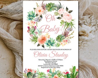 Editable Succulent Baby Shower Invitation template, Boho Watercolor Floral Baby Shower invite, Bridal Shower, Digital Instant Download 0024