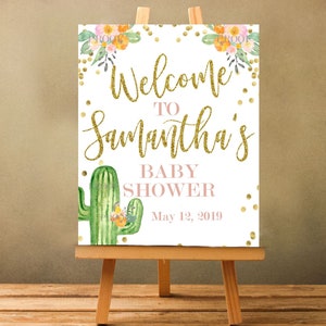 Fiesta Floral Baby Dusche Willkommensschild, mexikanische Kaktus personalisierte Baby Dusche digitale druckbare Zeichen, Gold-Glitter Poster drucken