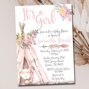 Boho Teepee Baby Shower invitation, It&#39;s a Girl Editable template, woodland Pink Floral Tribal Boho invite, girl fox, Digital YOU EDIT M61
