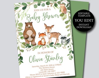 Woodland Baby Shower Invitation template, Editable Greenery Baby Shower invitation, Rustic woodland animals digital Instant Download 0016