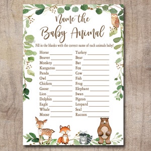 Woodland Baby Shower Game, Name the baby animal game, Gender Neutral Forest Animals Printable Instant Download, Matches invitation 0016