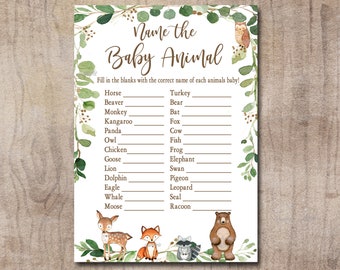 Gra Woodland Baby Shower, Nazwij grę dla małych zwierząt, Zwierzęta leśne neutralne pod względem płci do wydrukowania natychmiastowego pobrania, Zaproszenie na mecze 0016
