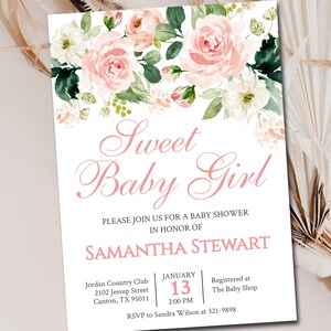 Blush Pink Baby Shower Invitation, Editable Invite Template, Printable Floral invite, Girl Baby Shower Invitation Instant Download M095