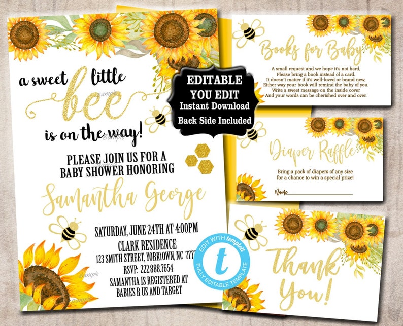 Bumble Bee Baby Shower Invitation Set Editable Invitation - Etsy
