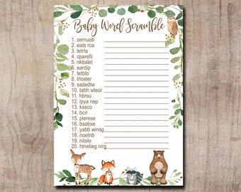 Woodland Baby Shower Game, Word Scramble Game, Gender Neutral Forest Animals Printable Instant Download, Matches invitation 0016