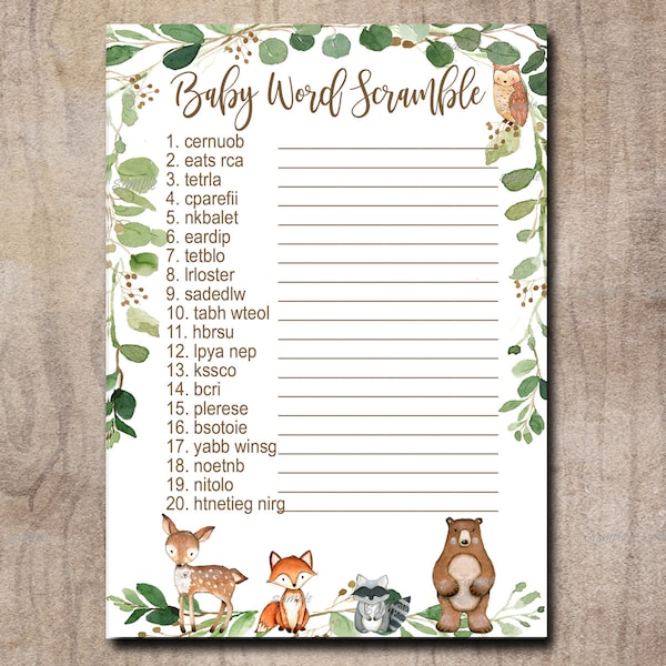 Woodland Baby Shower Game, Word Scramble Game, Gender Neutral Forest Animals Printable Instant Download, Matches invitation 0016
