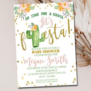 Fiesta Baby shower Invitation template, Editable invitation, Cactus Invite, Succulent Baby Shower , Gold Confetti Instant digital file 74
