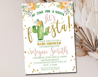 Editable Fiesta Baby Shower Invitation template, Cactus Invite, Succulent Baby Shower, Gold Confetti Instant digital download 74