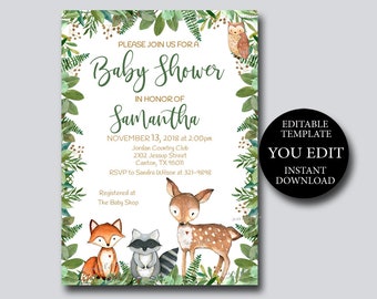 Editable Woodland Baby Shower Invitation template, Greenery Rustic woodland animals invitation, digital file Instant Download 0100