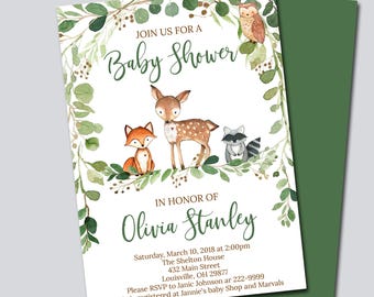 Greenery Woodland Baby Shower Invitation template, Editable Baby Shower invitation, boy woodland animals invitation Instant Download 0016