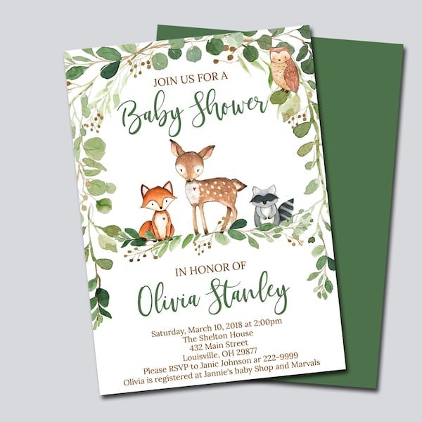 Greenery Woodland Baby Shower Invitation template, Editable Baby Shower invitation, boy woodland animals invitation Instant Download 0016