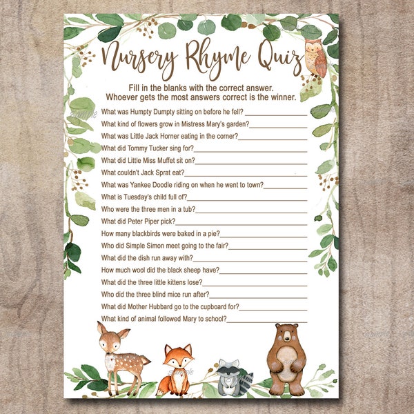 Woodland Baby Shower Game, Kinderliedje Quiz Game, Genderneutrale Bosdieren Afdrukbare Instant Download, Komt overeen met uitnodiging 0016