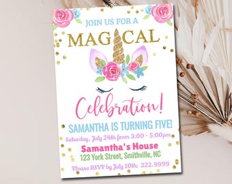 Unicorn Birthday Invitation template, Girl Unicorn Face Invite, Unicorn Horn, Girl Birthday Invitation Digital, Printable, Editable  73