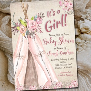 BOHO tribal baby shower Invitation template, Editable invitation, IT&#39;S A GIRL pink Teepee Baby Shower invite Templett, Instant Download 014