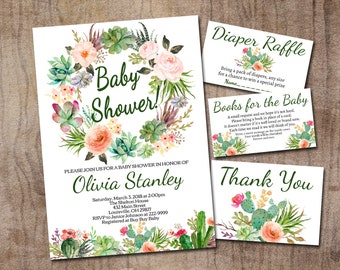May include: A baby shower invitation with a floral and succulent wreath design. The invitation is for Olivia Stanley and includes the date, time, and location of the shower. There are also cards for a diaper raffle and a request for books for the baby.